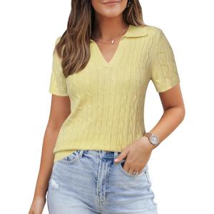 image:imageArachampCloz Womens Wool Blend Knit Spring Summer Business Casual Lightweight Short Sleeve Sweater Pullover 2026Cable Knityellow