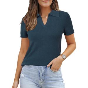 image:imageArachampCloz Womens Wool Blend Knit Spring Summer Business Casual Lightweight Short Sleeve Sweater Pullover 2026Dark Blue
