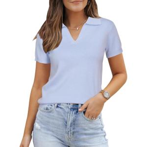 image:imageArachampCloz Womens Wool Blend Knit Spring Summer Business Casual Lightweight Short Sleeve Sweater Pullover 2026Light Blue