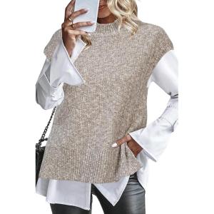 image:imageArachampCloz Womens Cotton Blend Cap Sleeve Side Slit Sweater Vest Fall Casual Tops 2025Khaki Grey