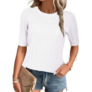 image:imageArachampCloz Womens Spring Summer Scalloped Short Sleeve Tops Textured ShirtsBeige
