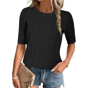 image:imageArachampCloz Womens Spring Summer Scalloped Short Sleeve Tops Textured ShirtsBlack