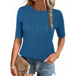 image:imageArachampCloz Womens Spring Summer Scalloped Short Sleeve Tops Textured ShirtsBlue