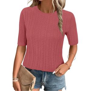 image:imageArachampCloz Womens Spring Summer Scalloped Short Sleeve Tops Textured ShirtsDusty Red