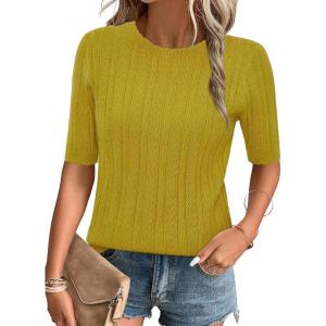 image:imageArachampCloz Womens Spring Summer Scalloped Short Sleeve Tops Textured ShirtsGold Palm