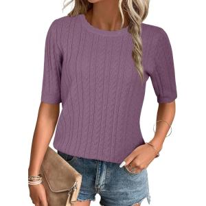 image:imageArachampCloz Womens Spring Summer Scalloped Short Sleeve Tops Textured ShirtsGray Purple