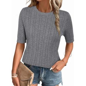 image:imageArachampCloz Womens Spring Summer Scalloped Short Sleeve Tops Textured ShirtsGrey