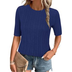 image:imageArachampCloz Womens Spring Summer Scalloped Short Sleeve Tops Textured ShirtsNavy Blue