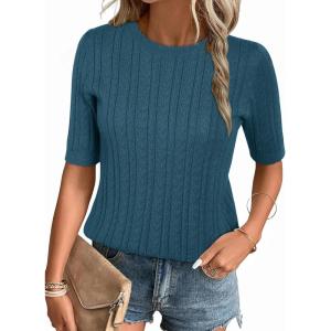 image:imageArachampCloz Womens Spring Summer Scalloped Short Sleeve Tops Textured ShirtsPeacock Blue