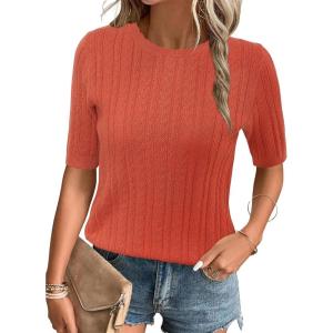 image:imageArachampCloz Womens Spring Summer Scalloped Short Sleeve Tops Textured ShirtsRust Orange