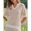 image:imageArachampCloz Womens 100 Cotton Polo V Neck Striped Short Sleeve Spring Casual Pullover Sweaters 2026Khaki