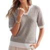 image:imageArachampCloz Womens 100 Cotton Polo V Neck Striped Short Sleeve Spring Casual Pullover Sweaters 2026Brown
