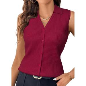 image:imageArachampCloz Womens 100 Cotton Button Down Summer Business Casual Slim Fitted Tank Tops 2026Burgundy
