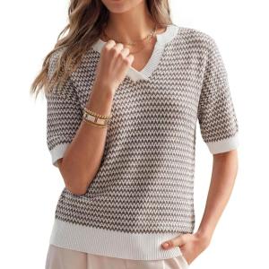 image:imageArachampCloz Womens 100 Cotton Polo V Neck Striped Short Sleeve Spring Casual Pullover Sweaters 2026Brown