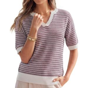 image:imageArachampCloz Womens 100 Cotton Polo V Neck Striped Short Sleeve Spring Casual Pullover Sweaters 2026Dark Red