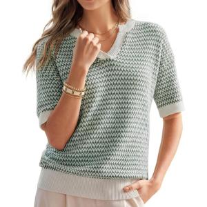 image:imageArachampCloz Womens 100 Cotton Polo V Neck Striped Short Sleeve Spring Casual Pullover Sweaters 2026Green