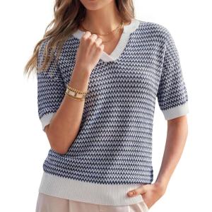 image:imageArachampCloz Womens 100 Cotton Polo V Neck Striped Short Sleeve Spring Casual Pullover Sweaters 2026Navy