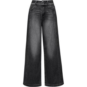 image:imageArachampCloz Womens Cotton Contrast Waistband Wide Leg Stretchy Denim Jeans 2026Black