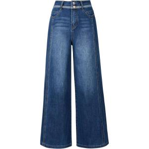 image:imageArachampCloz Womens Cotton Contrast Waistband Wide Leg Stretchy Denim Jeans 2026Dark Blue