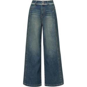 image:imageArachampCloz Womens Cotton Contrast Waistband Wide Leg Stretchy Denim Jeans 2026Retro Blue