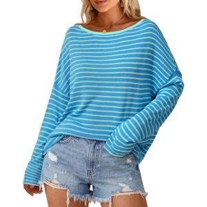 image:imageArachampCloz Womens Linen Blend Beach Vacation Cover Up Summer Casual Oversized Off Shoulder Tops 2026Blue Light Green Stripe