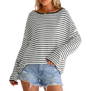 image:imageArachampCloz Womens Linen Blend Beach Vacation Cover Up Summer Casual Oversized Off Shoulder Tops 2026White Black Stripe