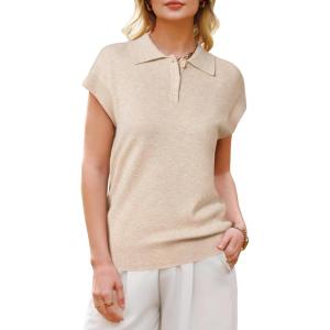 image:imageArachampCloz Womens Wool Blend Polo Shirts Collar V Neck Cap Sleeves Business Casual Sweater PulloverApricot