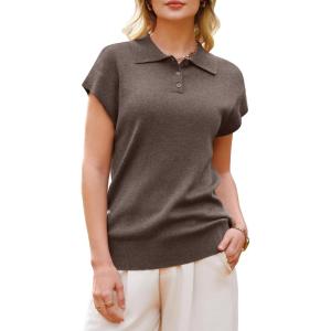 image:imageArachampCloz Womens Wool Blend Polo Shirts Collar V Neck Cap Sleeves Business Casual Sweater PulloverCoffee