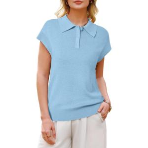 image:imageArachampCloz Womens Wool Blend Polo Shirts Collar V Neck Cap Sleeves Business Casual Sweater PulloverLight Blue