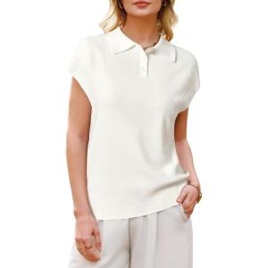 image:imageArachampCloz Womens Wool Blend Polo Shirts Collar V Neck Cap Sleeves Business Casual Sweater PulloverOffwhite