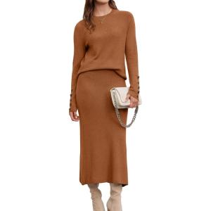 image:imageArachampCloz Womens Wool Blend Sweater 2 Piece Sets Business Lounge Long Sleeve Top Midi Dress OutfitsCaramel