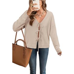 image:imageArachampCloz Womens Cozy Cotton Tie Front Fall Trendy Bow Cardigan Sweaters 2025Apricot