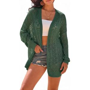 image:imageArachampCloz Womens Crochet Swim Cover Up Linen Blend Open Front Beach Oversized Outfits 2026Dark Green