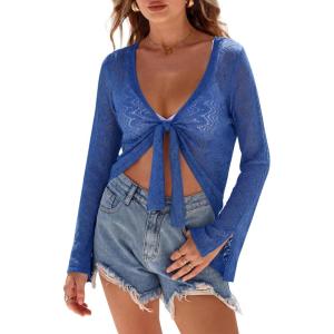 image:imageArachampCloz Womens Linen Blend Tie Front Bolero Shrug Beach Cropped Cover Up 2026Navy