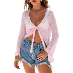 image:imageArachampCloz Womens Linen Blend Tie Front Bolero Shrug Beach Cropped Cover Up 2026Pink
