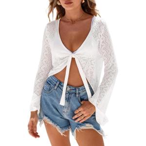 image:imageArachampCloz Womens Linen Blend Tie Front Bolero Shrug Beach Cropped Cover Up 2026White