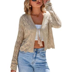image:imageArachampCloz Womens Linen Tie Front Crochet Spring Shrug Beach Vacation Cropped CardiganKhaki