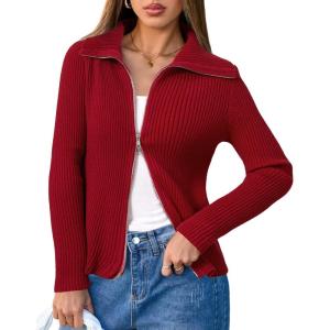 image:imageArachampCloz Womens Wool Blend Fashion Zip Up Cardigan Sweater OutfitDark Red