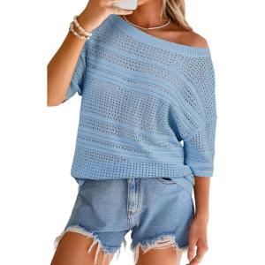 image:imageArachampCloz Womens Linen Blend Off Shoulder Summer Cover Up Beach Casual Crochet Tops Hollow Out Vacation Outfits 2026Blue