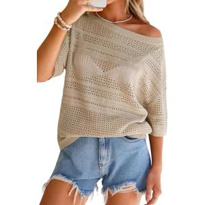 image:imageArachampCloz Womens Linen Blend Off Shoulder Summer Cover Up Beach Casual Crochet Tops Hollow Out Vacation Outfits 2026Khaki