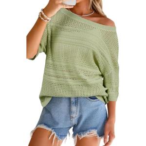 image:imageArachampCloz Womens Linen Blend Off Shoulder Summer Cover Up Beach Casual Crochet Tops Hollow Out Vacation Outfits 2026Light Green