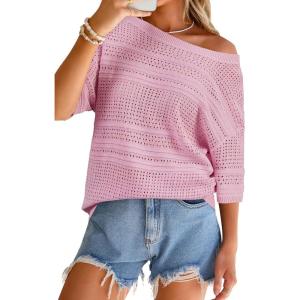image:imageArachampCloz Womens Linen Blend Off Shoulder Summer Cover Up Beach Casual Crochet Tops Hollow Out Vacation Outfits 2026Pink