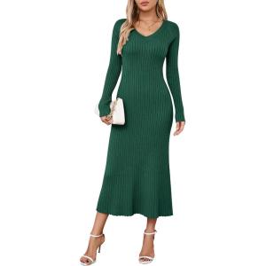 image:imageArachampCloz 2025 Spring Womens V Neck Long Sleeve Fishtail Sweater Dress Ribbed Knit Slim Fit Bodycon Midi DressGreen