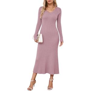 image:imageArachampCloz 2025 Spring Womens V Neck Long Sleeve Fishtail Sweater Dress Ribbed Knit Slim Fit Bodycon Midi DressPink