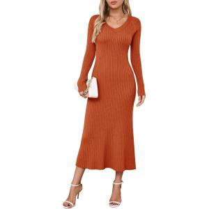 image:imageArachampCloz 2025 Spring Womens V Neck Long Sleeve Fishtail Sweater Dress Ribbed Knit Slim Fit Bodycon Midi DressRust Orange