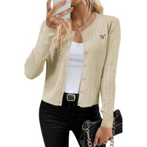 image:imageArachampCloz Womens 2025 Summer Lightweight Cardigan Long Sleeve Cable Knit Hollow Out Bow Embroidery TopsBeige