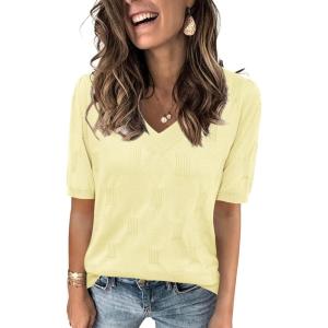image:imageArachampCloz Womens Lightweight Fall Sweater Tops Casual Short Sleeve Blouses ShirtsBlight Yellow