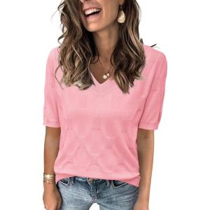 image:imageArachampCloz Womens Lightweight Fall Sweater Tops Casual Short Sleeve Blouses ShirtsBpink