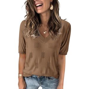 image:imageArachampCloz Womens Lightweight Fall Sweater Tops Casual Short Sleeve Blouses ShirtsKhaki