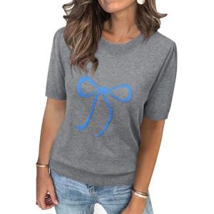 image:imageArachampCloz Womens Summer Fall Lightweight Tops Short Sleeve Dressy BlouseGreyblue Bow